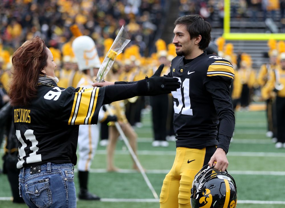 Iowa Hawkeyes place kicker Miguel Recinos (91) during senior day activities before their game against the Nebraska Cornhuskers Friday, November 23, 2018 at Kinnick Stadium. (Brian Ray/hawkeyesports.com)