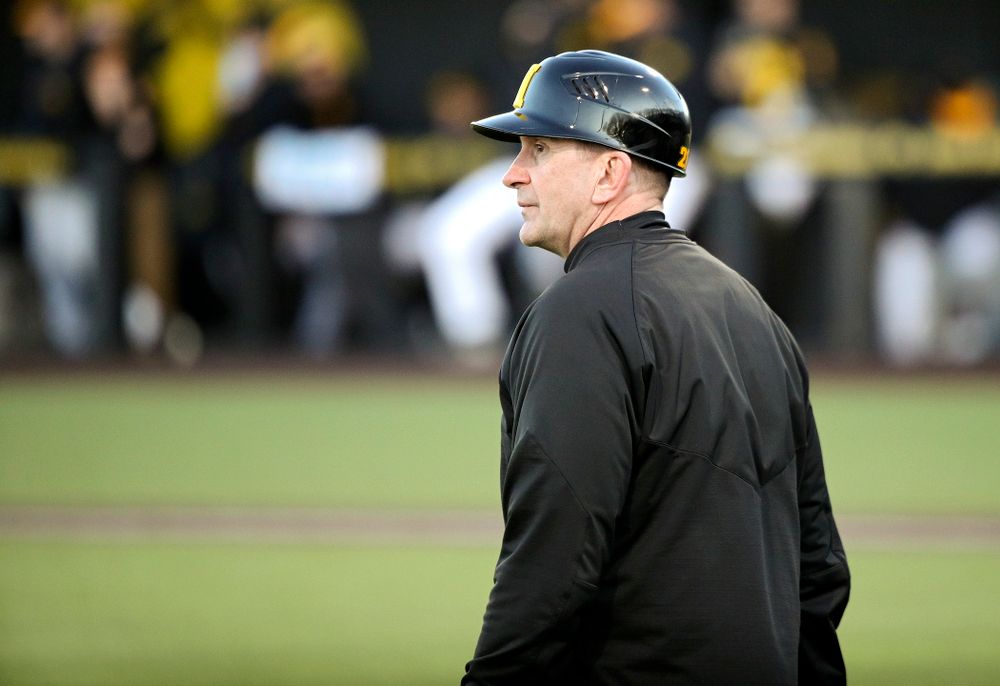Iowa Hawkeyes head coach Rick Heller looks on during the fifth inning of their game at Duane Banks Field in Iowa City on Tuesday, March 3, 2020. (Stephen Mally/hawkeyesports.com)