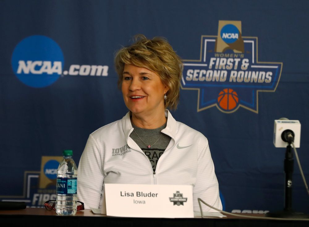 Iowa Hawkeyes head coach Lisa Bluder  answers questions from the media during a news conference Friday, March 16, 2018 at Pauley Pavilion on the campus of UCLA. (Brian Ray/hawkeyesports.com)