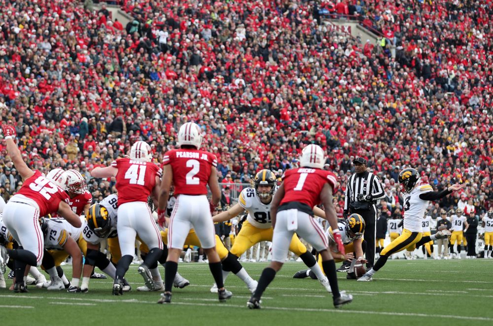 Iowa Hawkeyes place kicker Keith Duncan (3) against the Wisconsin Badgers Saturday, November 9, 2019 at Camp Randall Stadium in Madison, Wisc. (Brian Ray/hawkeyesports.com)