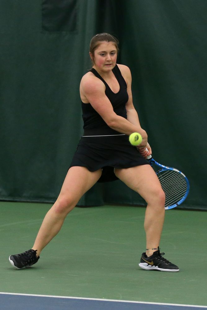 Iowa’s Erika Dodridge returns a hit during the Iowa women’s tennis meet vs UNI  on Saturday, February 29, 2020 at the Hawkeye Tennis and Recreation Complex. (Lily Smith/hawkeyesports.com)