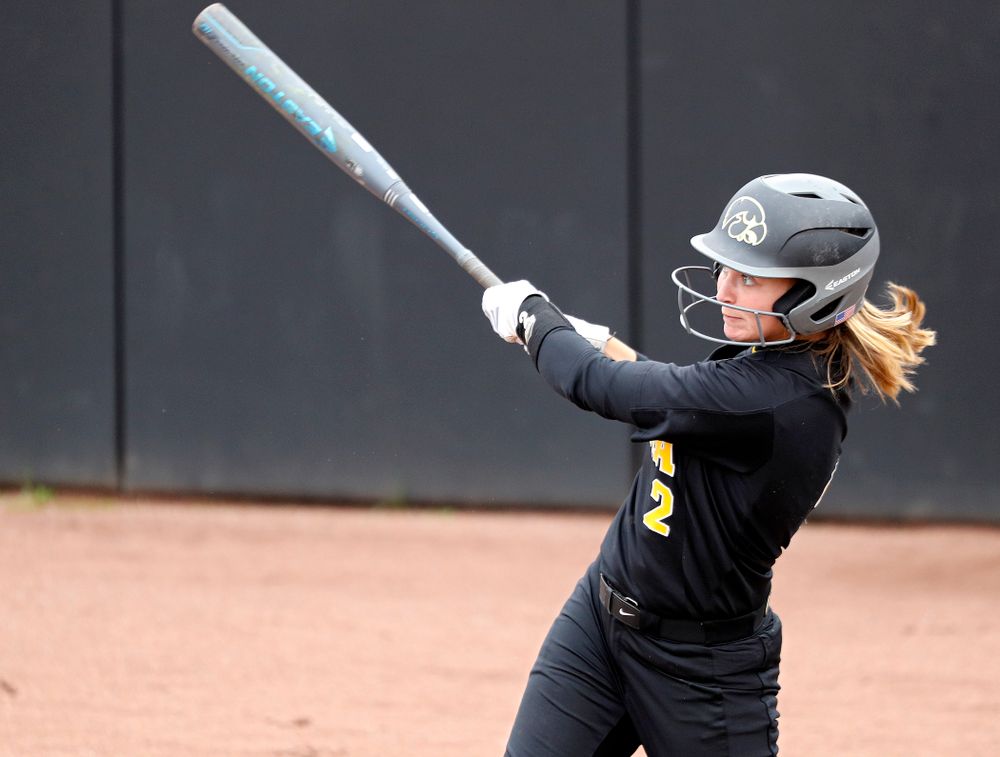 Iowa’s Aralee Bogar (2) drives in two runs with a hit during the fourth inning of their game against Iowa Softball vs Indian Hills Community College at Pearl Field in Iowa City on Sunday, Oct 6, 2019. (Stephen Mally/hawkeyesports.com)