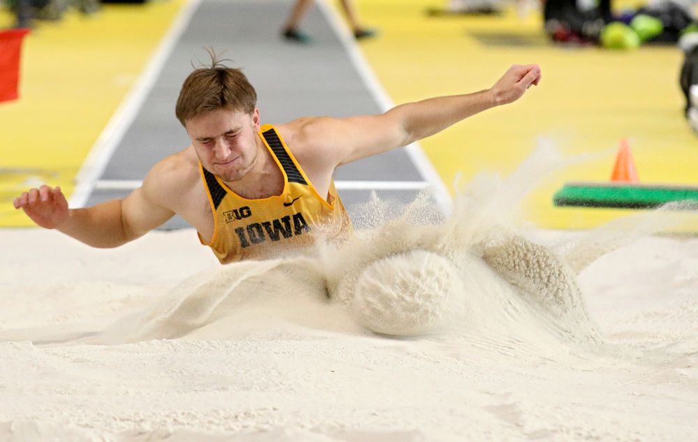 Iowa’s Will Daniels competes in the men’s long jump event during the Jimmy Grant Invitational at the Recreation Building in Iowa City on Saturday, December 14, 2019. (Stephen Mally/hawkeyesports.com)