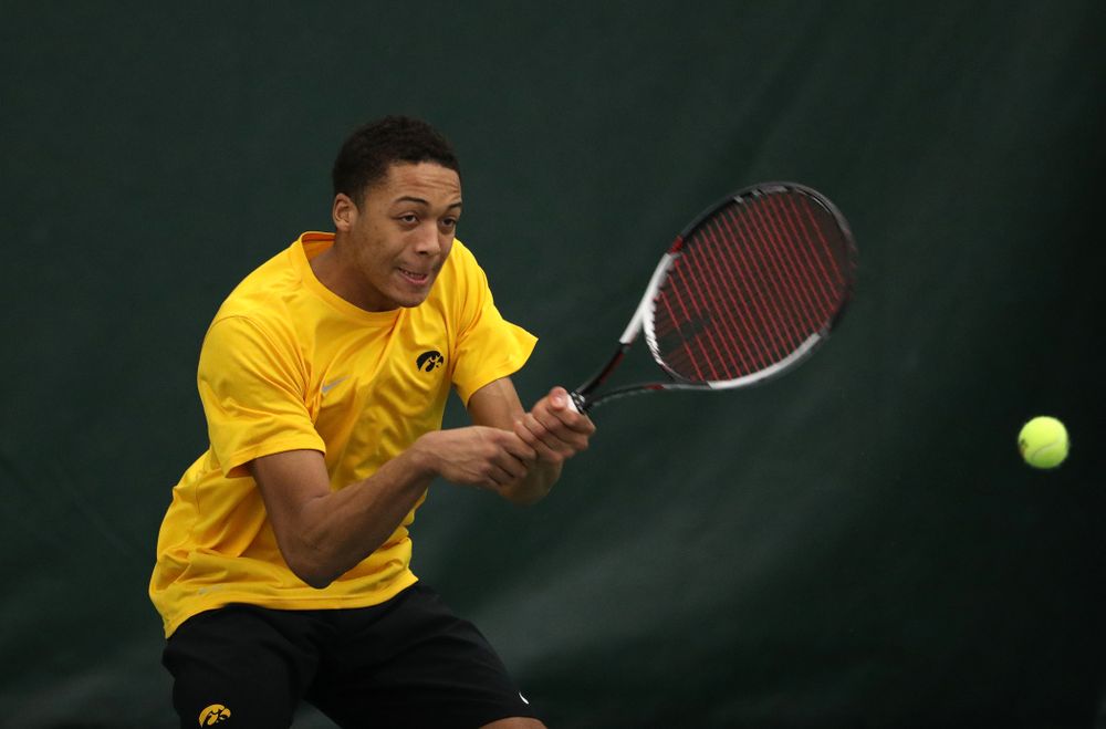 Oliver Okonkwo against the Butler Bulldogs Sunday, January 27, 2019 at the Hawkeye Tennis and Recreation Complex. (Brian Ray/hawkeyesports.com)