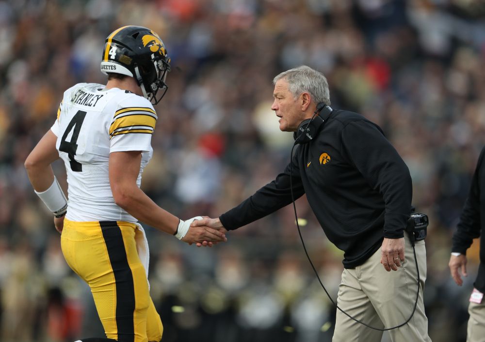 Iowa Hawkeyes head coach Kirk Ferentz and quarterback Nate Stanley (4) against the Purdue Boilermakers Saturday, November 3, 2018 Ross Ade Stadium in West Lafayette, Ind. (Brian Ray/hawkeyesports.com)