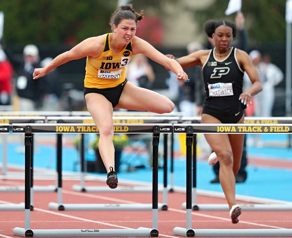 Iowa's Jenny Kimbro runs the women’s 100 meter hurdles event on the third day of the Big Ten Outdoor Track and Field Championships at Francis X. Cretzmeyer Track in Iowa City on Sunday, May. 12, 2019. (Stephen Mally/hawkeyesports.com)