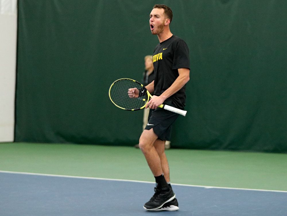 Iowa’s Kareem Allaf celebrates a point during his doubles match at the Hawkeye Tennis and Recreation Complex in Iowa City on Thursday, January 16, 2020. (Stephen Mally/hawkeyesports.com)