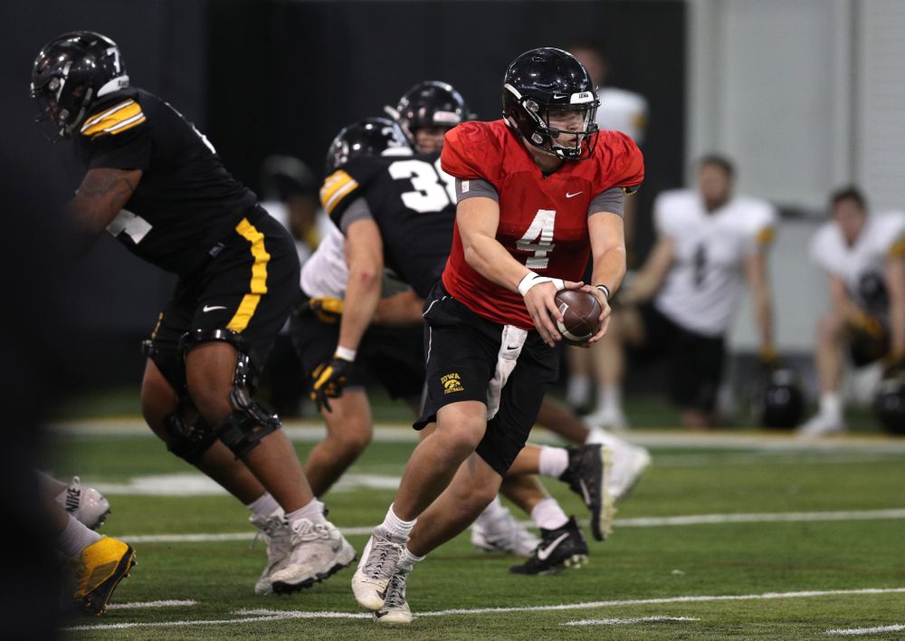 Iowa Hawkeyes quarterback Nate Stanley (4) during practice Wednesday, December 12, 2018 at the Hansen Football Performance Center in preparation for the Outback Bowl game against Mississippi State. (Brian Ray/hawkeyesports.com)