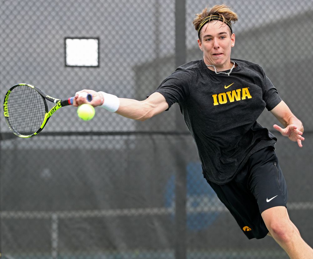 Iowa's Nikita Snezhko competes during a double match against Ohio State at the Hawkeye Tennis and Recreation Complex in Iowa City on Sunday, Apr. 7, 2019. (Stephen Mally/hawkeyesports.com)