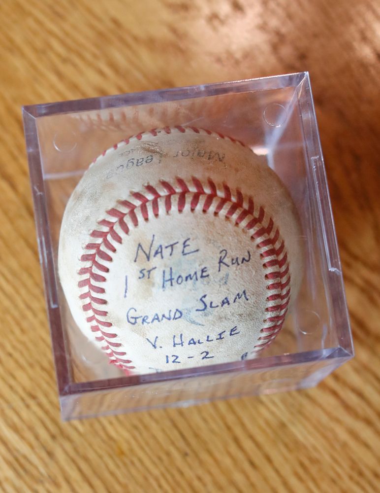 The ball from Iowa Hawkeyes quarterback Nathan Stanley's first home run as a kid Wednesday, May 30, 2018 in Menomonie, Wisc. (Brian Ray/hawkeyesports.com)