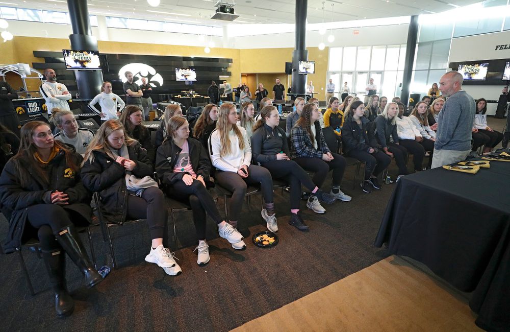 Iowa head coach Dave DiIanni talks with his team after watching the NCAA women’s soccer section show at Carver-Hawkeye Arena in Iowa City on Monday, Nov 11, 2019. (Stephen Mally/hawkeyesports.com)