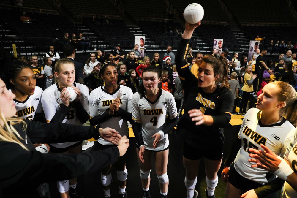 Iowa Hawkeyes defensive specialist Molly Kelly (1) during senior day activities before their game against the Ohio State Buckeyes Saturday, November 24, 2018 at Carver-Hawkeye Arena. (Brian Ray/hawkeyesports.com)
