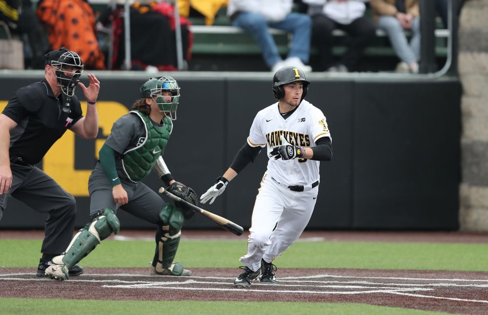 Iowa Hawkeyes outfielder Ben Norman (9) against Michigan State Sunday, May 12, 2019 at Duane Banks Field. (Brian Ray/hawkeyesports.com)