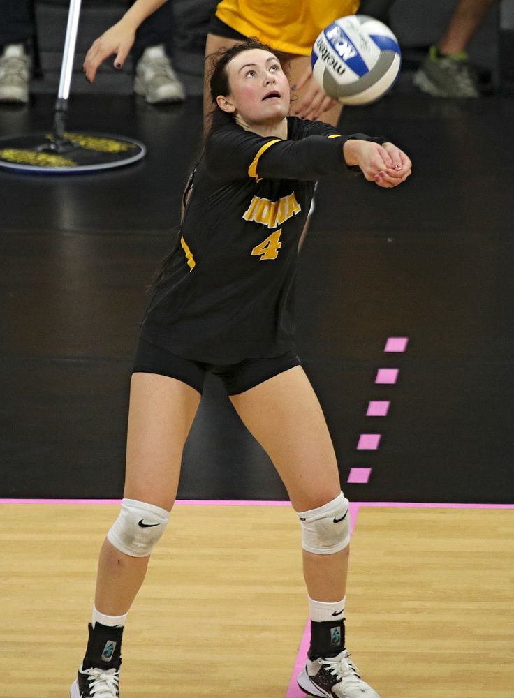 Iowa’s Halle Johnston (4) eyes the ball during their match at Carver-Hawkeye Arena in Iowa City on Sunday, Oct 20, 2019. (Stephen Mally/hawkeyesports.com)