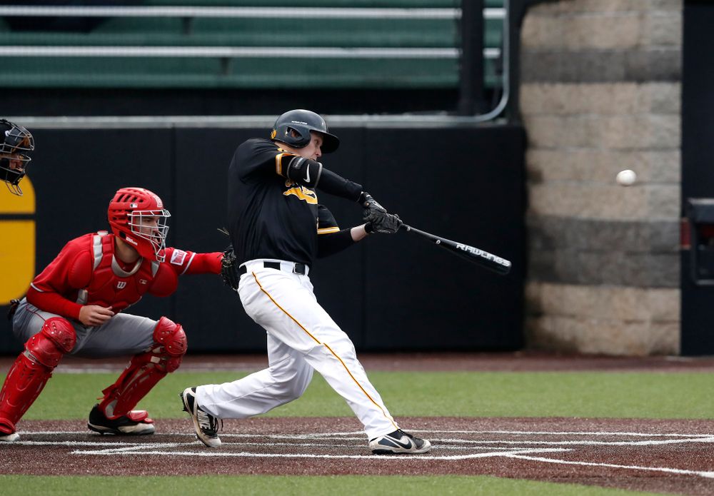 Iowa Hawkeyes outfielder Robert Neustrom (44) against the Bradley Braves Wednesday, March 28, 2018 at Duane Banks Field. (Brian Ray/hawkeyesports.com)