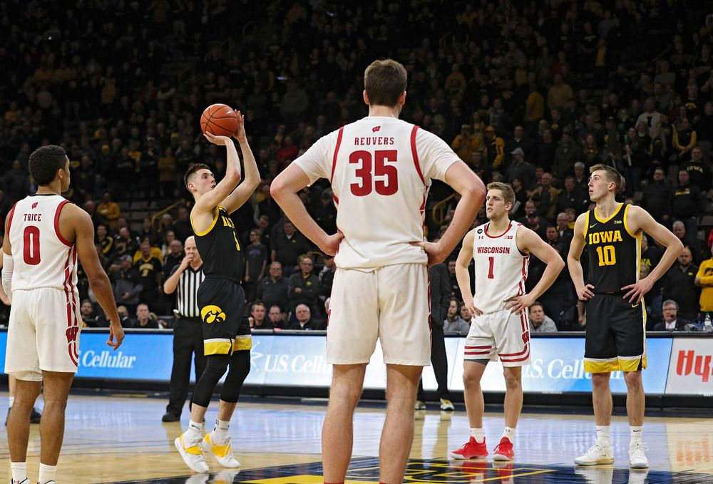 Iowa Hawkeyes guard CJ Fredrick (5) makes a free throw during the second half of their game at Carver-Hawkeye Arena in Iowa City on Monday, January 27, 2020. (Stephen Mally/hawkeyesports.com)