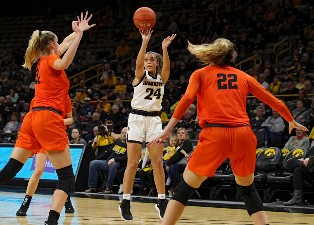 Iowa guard Gabbie Marshall (24) shoots during the second quarter of their overtime win against Princeton at Carver-Hawkeye Arena in Iowa City on Wednesday, Nov 20, 2019. (Stephen Mally/hawkeyesports.com)