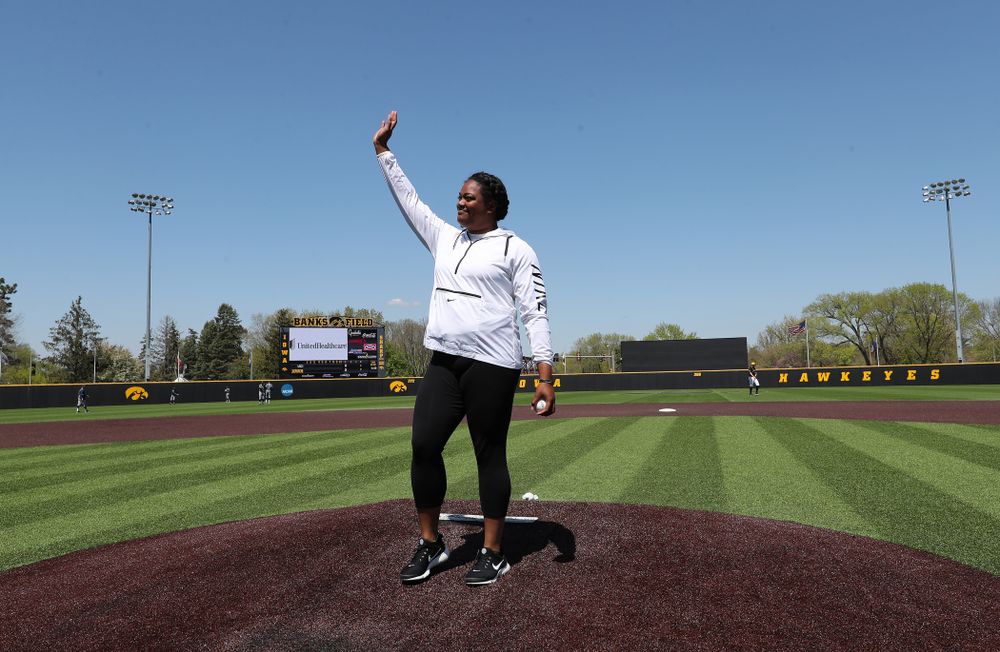 Iowa Track and FieldÕs Laulauga Tausaga throws out a first pitch before the Iowa Hawkeyes second game against UC Irvine Saturday, May 4, 2019 at Duane Banks Field. (Brian Ray/hawkeyesports.com)