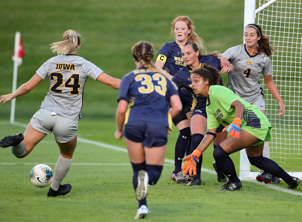 Iowa defender Sara Wheaton (24) scores a goal during the first half of their match at the Iowa Soccer Complex in Iowa City on Friday, Sep 13, 2019. (Stephen Mally/hawkeyesports.com)