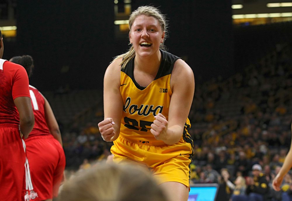 Iowa Hawkeyes forward Monika Czinano (25) is pumped up after guard Makenzie Meyer (3) made a basket while being fouled during the first quarter of their game at Carver-Hawkeye Arena in Iowa City on Thursday, January 23, 2020. (Stephen Mally/hawkeyesports.com)