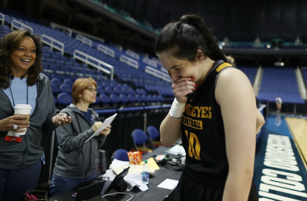 Iowa Hawkeyes forward Megan Gustafson (10) during practice and media before the regional final of the 2019 NCAA Women's College Basketball Tournament against the Baylor Bears Sunday, March 31, 2019 at Greensboro Coliseum in Greensboro, NC.(Brian Ray/hawkeyesports.com)