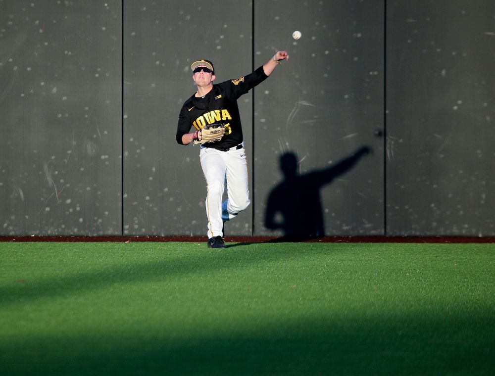 Iowa right fielder Zeb Adreon (5) throws the ball back to the infield during the fifth inning of their game at Duane Banks Field in Iowa City on Tuesday, March 3, 2020. (Stephen Mally/hawkeyesports.com)