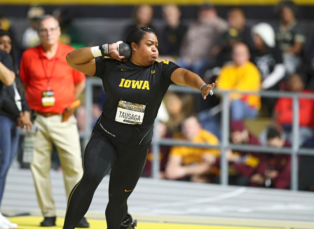 Iowa’s Laulauga Tausaga throws in the women’s shot put premier event during the Larry Wieczorek Invitational at the Recreation Building in Iowa City on Friday, January 17, 2020. (Stephen Mally/hawkeyesports.com)