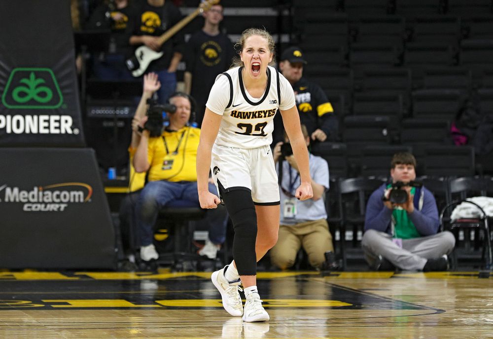 Iowa Hawkeyes guard Kathleen Doyle (22) is pumped up in the closing seconds of the second overtime period of their game at Carver-Hawkeye Arena in Iowa City on Sunday, January 12, 2020. (Stephen Mally/hawkeyesports.com)