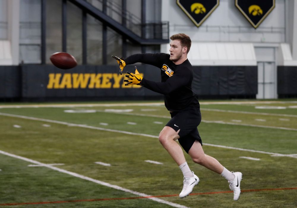 Iowa Hawkeyes linebacker Ben Niemann (44) during the team's annual pro day Monday, March 26, 2018 at the Hansen Football Performance Center. (Brian Ray/hawkeyesports.com)