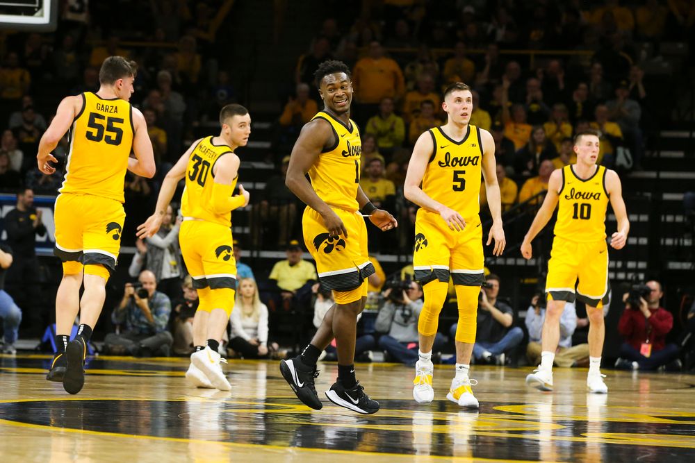 Iowa Hawkeyes guard Joe Toussaint (1) reacts after scoring during the Iowa men’s basketball game vs Rutgers on Wednesday, January 22, 2020 at Carver-Hawkeye Arena. (Lily Smith/hawkeyesports.com)