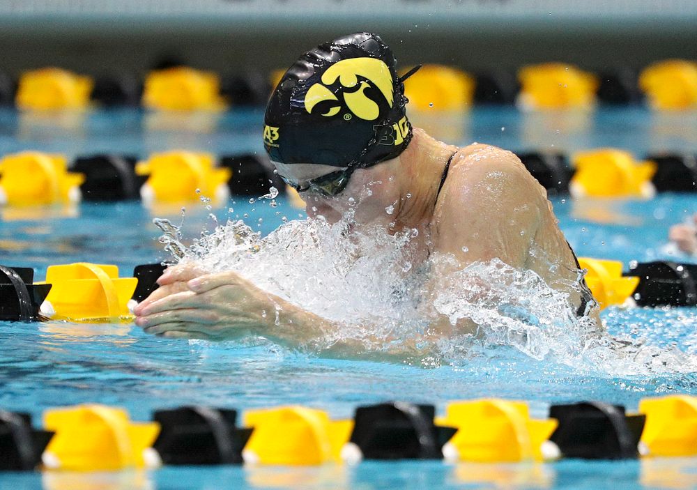 Iowa’s Aleksandra Olesiak swims the women’s 100-yard breaststroke event during their meet against Michigan State and Northern Iowa at the Campus Recreation and Wellness Center in Iowa City on Friday, Oct 4, 2019. (Stephen Mally/hawkeyesports.com)
