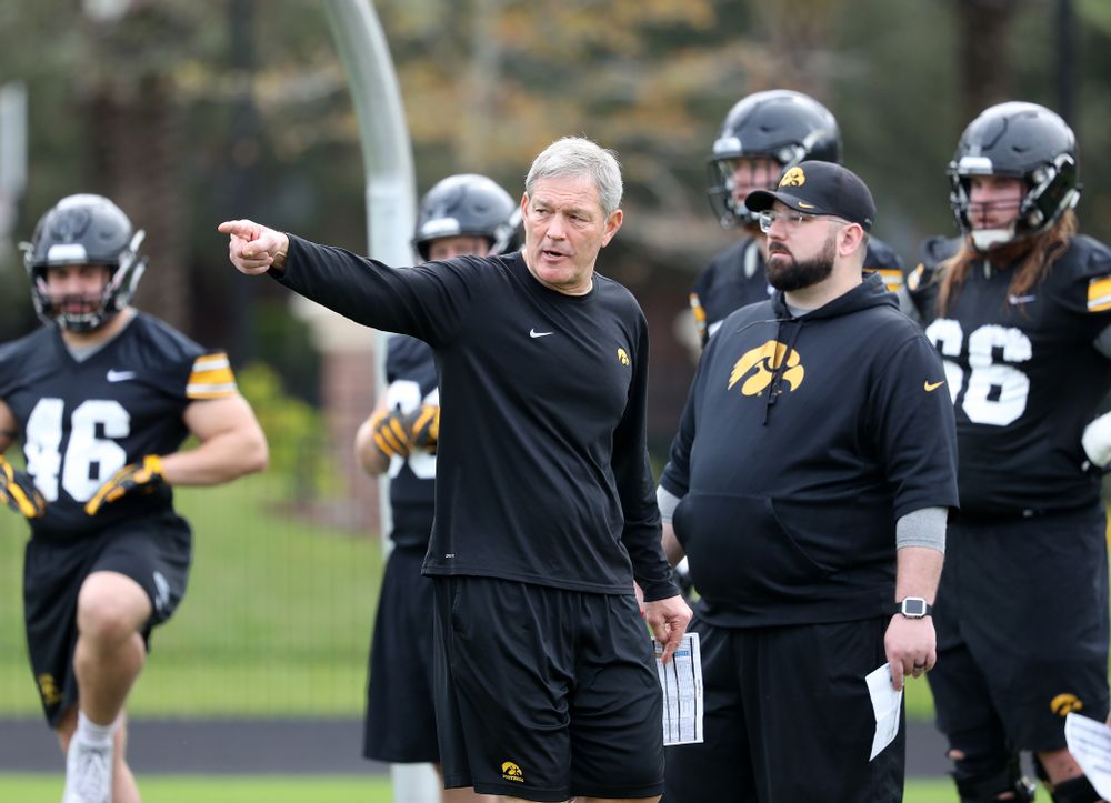 Iowa Hawkeyes head coach Kirk Ferentz during the team's first Outback Bowl Practice in Florida Thursday, December 27, 2018 at Tampa University. (Brian Ray/hawkeyesports.com)