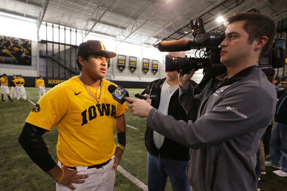 Iowa Hawkeyes infielder Izaya Fullard (20) answers questions from reporters during their annual media day Thursday, February 6, 2020 at the Indoor Practice Facility. (Brian Ray/hawkeyesports.com)