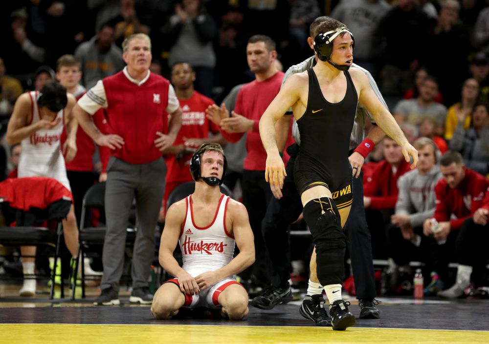 Iowa’s Spencer Lee wrestles Nebraska’s Alex Thomsen at 125 pounds Saturday, January 18, 2020 at Carver-Hawkeye Arena. Lee won the match with an 18-0 technical fall. (Brian Ray/hawkeyesports.com)