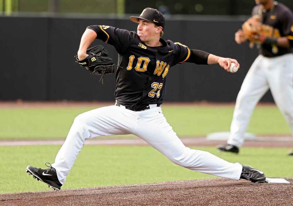 Iowa pitcher Jacob Tobey (27) delivers to the plate during the second inning of the first game of the Black and Gold Fall World Series at Duane Banks Field in Iowa City on Tuesday, Oct 15, 2019. (Stephen Mally/hawkeyesports.com)
