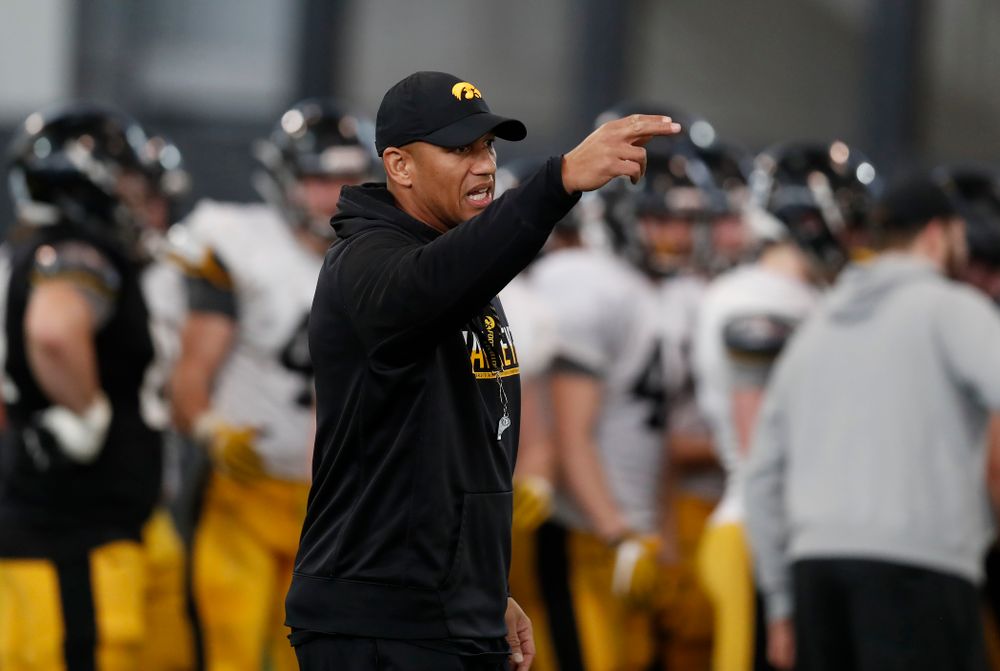 Iowa Hawkeyes special teams coach Levar Woods during spring practice Wednesday, March 28, 2018 at the Hansen Football Performance Center.  (Brian Ray/hawkeyesports.com)