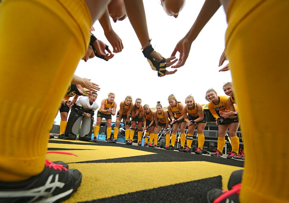 The Iowa Hawkeyes huddle before their game against UC Davis at Grant Field in Iowa City on Sunday, Oct 6, 2019. (Stephen Mally/hawkeyesports.com)