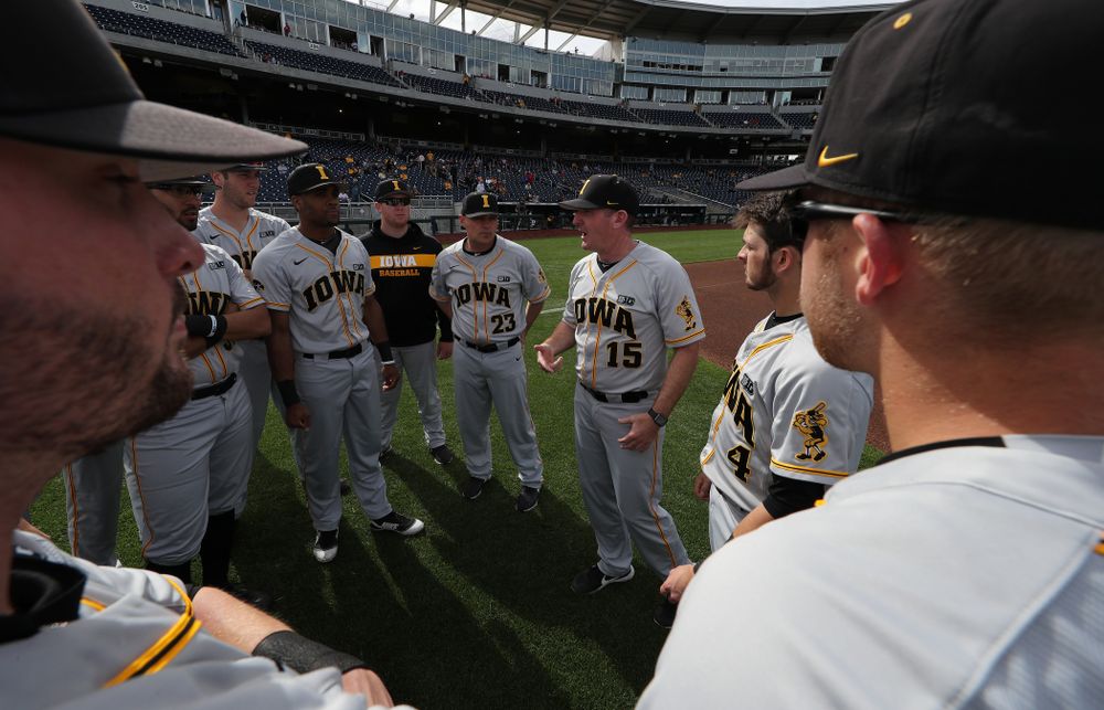 Iowa Hawkeyes associate head coach Marty Sutherland against the Indiana Hoosiers in the first round of the Big Ten Baseball Tournament Wednesday, May 22, 2019 at TD Ameritrade Park in Omaha, Neb. (Brian Ray/hawkeyesports.com)