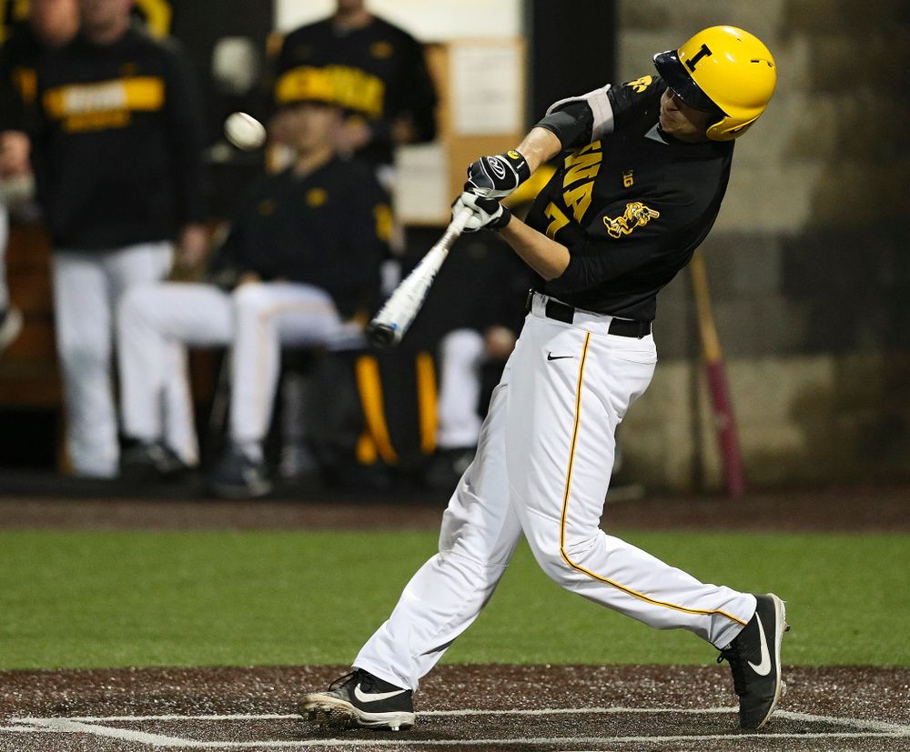 Iowa Hawkeyes pinch hitter Grant Judkins (7) hits a sacrifice fly during the sixth inning of their game against Western Illinois at Duane Banks Field in Iowa City on Wednesday, May. 1, 2019. (Stephen Mally/hawkeyesports.com)
