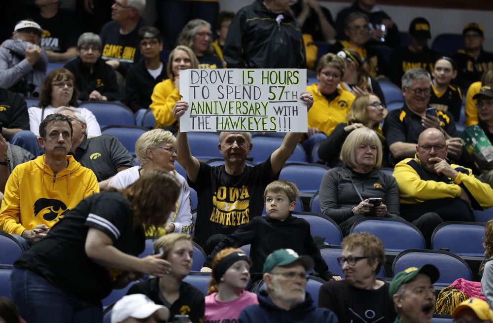 Fans cheer on the Iowa Hawkeyes against the Baylor Lady Bears in the regional final of the 2019 NCAA Women's College Basketball Tournament Monday, April 1, 2019 at Greensboro Coliseum in Greensboro, NC.(Brian Ray/hawkeyesports.com)