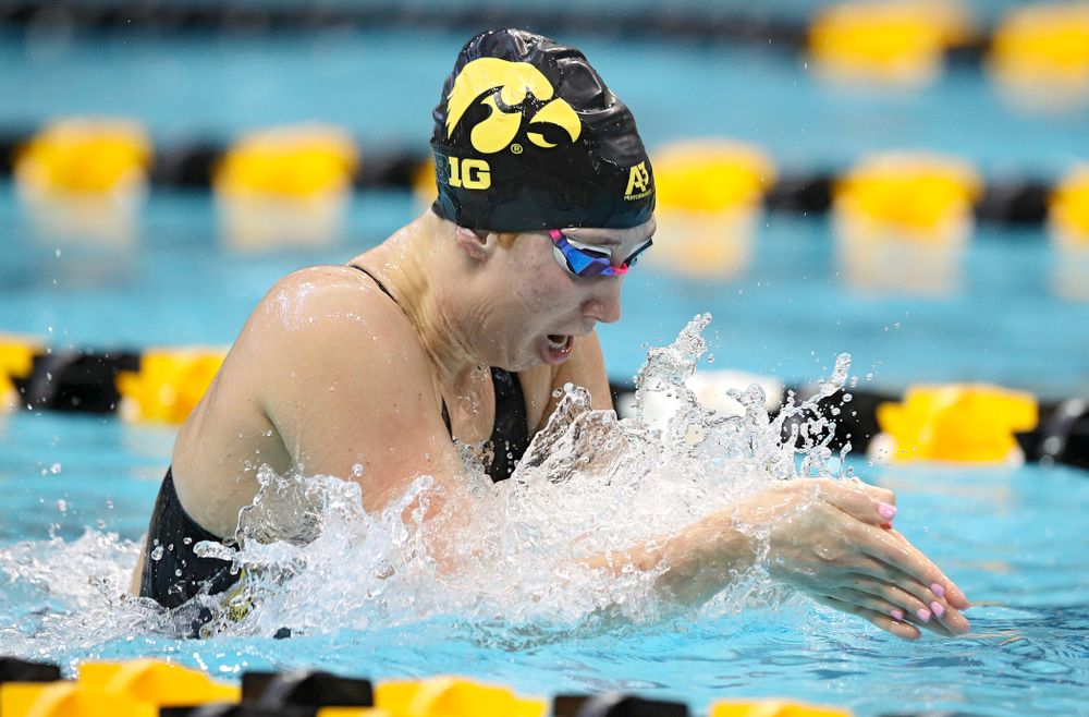 Iowa’s Zoe Mekus swims in the women’s 200 yard breaststroke preliminary event during the 2020 Women’s Big Ten Swimming and Diving Championships at the Campus Recreation and Wellness Center in Iowa City on Saturday, February 22, 2020. (Stephen Mally/hawkeyesports.com)