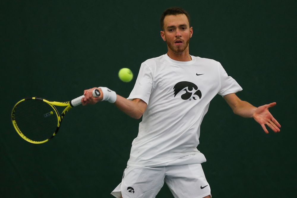 Iowa’s Kareem Allaf hits a forehand during the Iowa men’s tennis match vs Western Michigan on Saturday, January 18, 2020 at the Hawkeye Tennis and Recreation Complex. (Lily Smith/hawkeyesports.com)