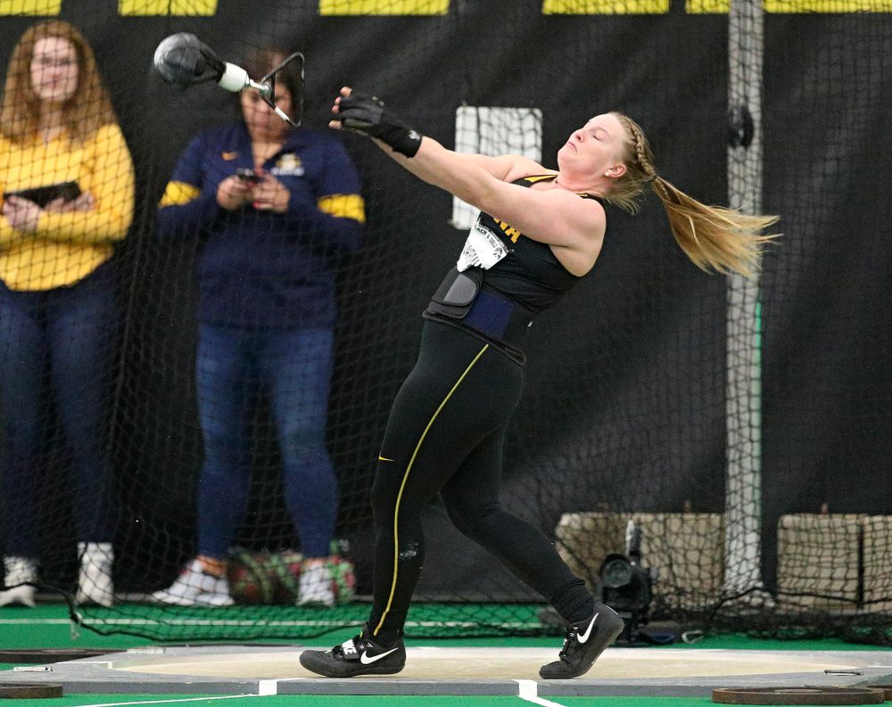 Iowa’s Allison Wahrman throws during the women’s weight throw event at the Hawkeye Tennis and Recreation Complex in Iowa City on Friday, January 31, 2020. (Stephen Mally/hawkeyesports.com)