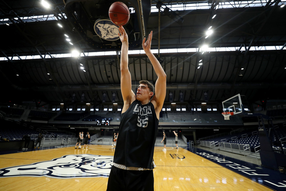 Iowa Hawkeyes forward Luka Garza (55) during practice at Hinkle Fieldhouse  Wednesday, March 11, 2020 in Indianapolis. (Brian Ray/hawkeyesports.com)