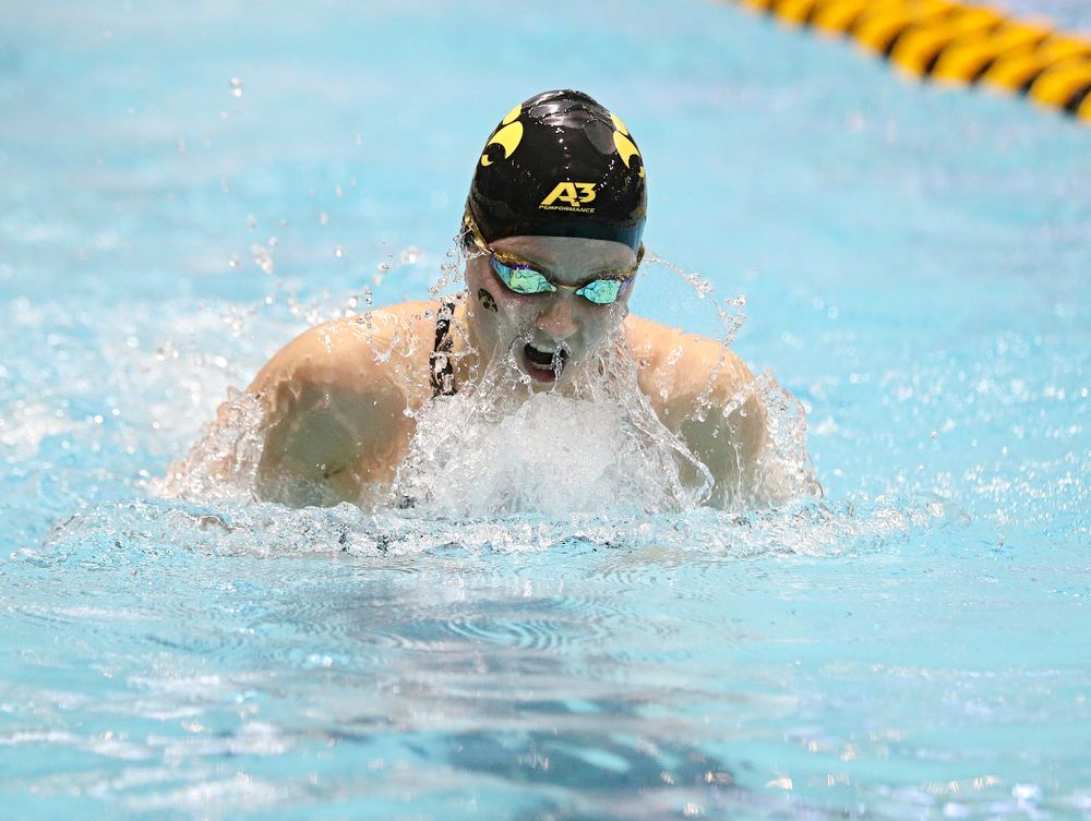Iowa’s Aleksndra Olesiak swims the breaststroke section of the women’s 400 yard medley relay event during the 2020 Women’s Big Ten Swimming and Diving Championships at the Campus Recreation and Wellness Center in Iowa City on Thursday, February 20, 2020. (Stephen Mally/hawkeyesports.com)