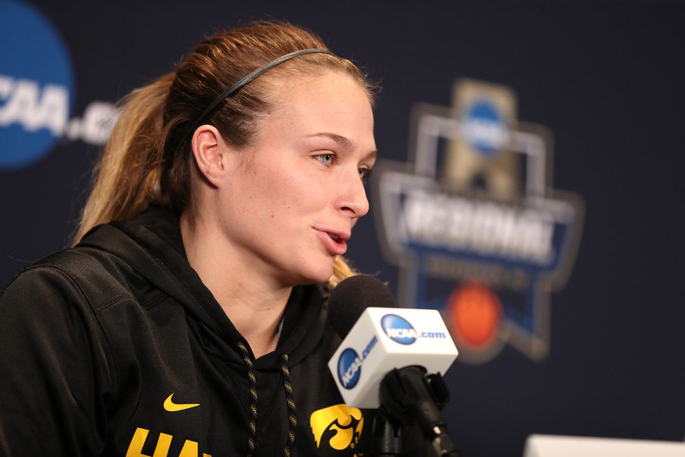 Iowa Hawkeyes guard Makenzie Meyer (3) during media and practice as they prepare for their Sweet 16 matchup against NC State Friday, March 29, 2019 at the Greensboro Coliseum in Greensboro, NC.(Brian Ray/hawkeyesports.com)