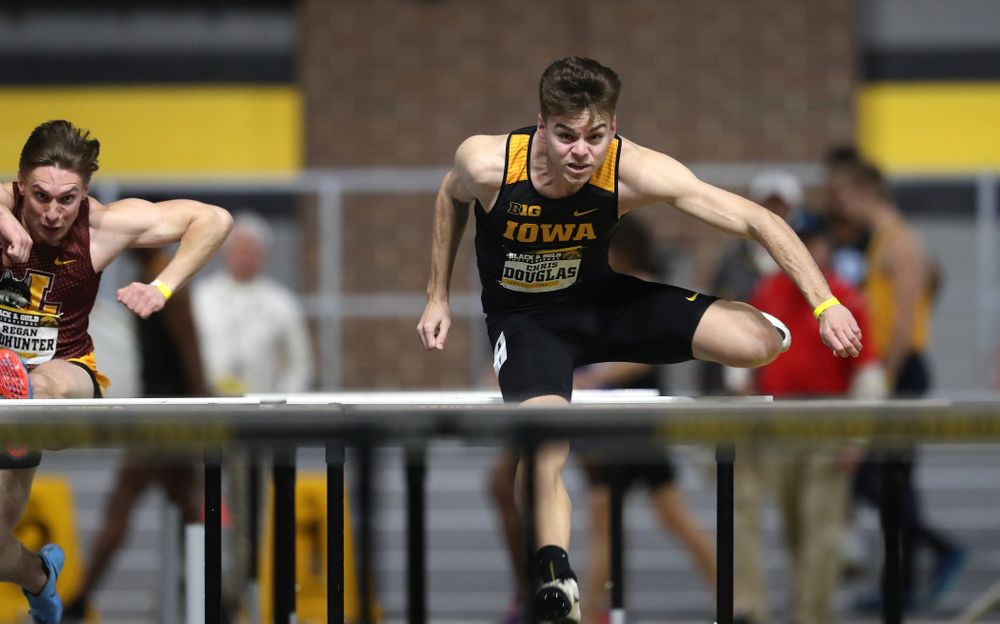 Iowa's Chris Douglas competes in the 60-meter hurdles during the Black and Gold Premier meet Saturday, January 26, 2019 at the Recreation Building. (Brian Ray/hawkeyesports.com)