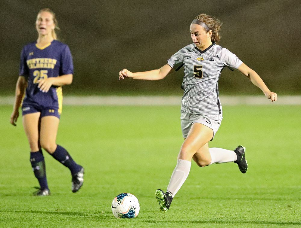 Iowa defender Riley Whitaker (5) passes during the second half of their match at the Iowa Soccer Complex in Iowa City on Friday, Sep 13, 2019. (Stephen Mally/hawkeyesports.com)