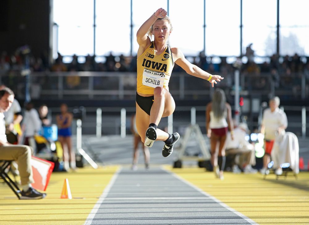 Iowa’s Hannah Schilb competes in the women’s triple jump event at the Black and Gold Invite at the Recreation Building in Iowa City on Saturday, February 1, 2020. (Stephen Mally/hawkeyesports.com)