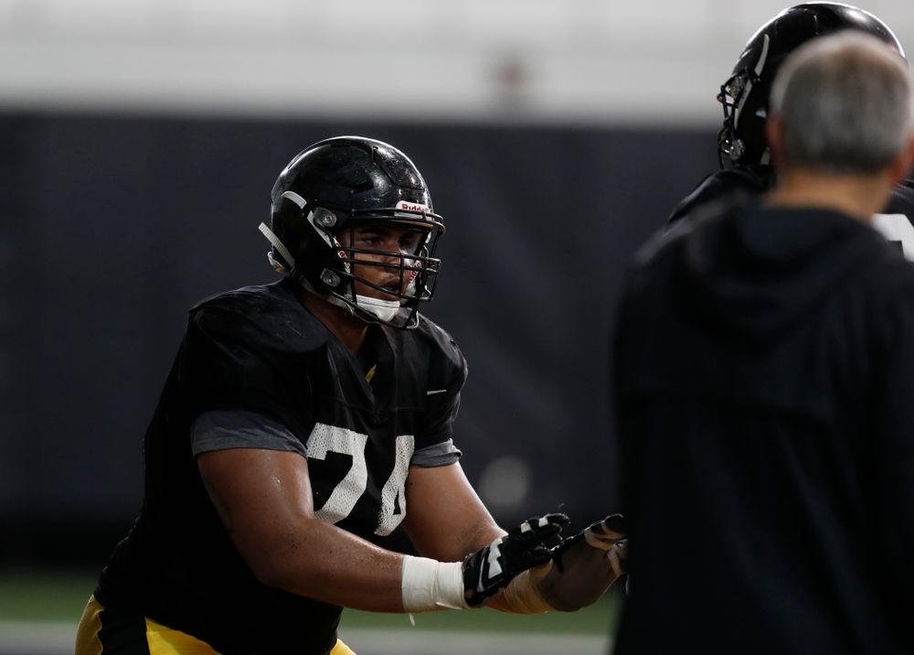 Iowa Hawkeyes offensive lineman Tristan Wirfs (74) during spring practice  Thursday, March 29, 2018 at the Hansen Football Performance Center. (Brian Ray/hawkeyesports.com)